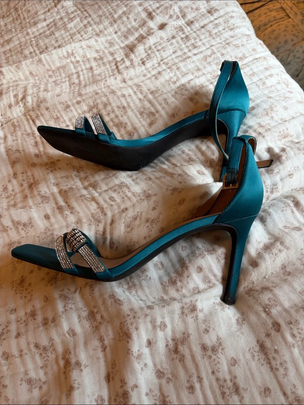 Teal Satin Ankle-Strap Evening Heels with Crystal Accent